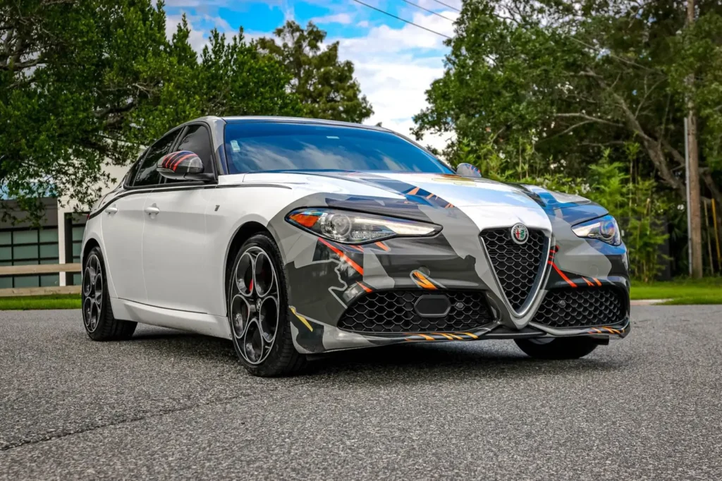 Alfa Romeo Giulia with a custom gray and white graphic wrap