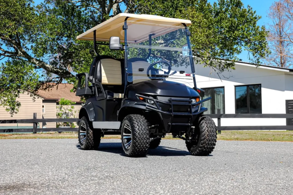 Lifted golf cart with a black wrap, front view, Orlando FL
