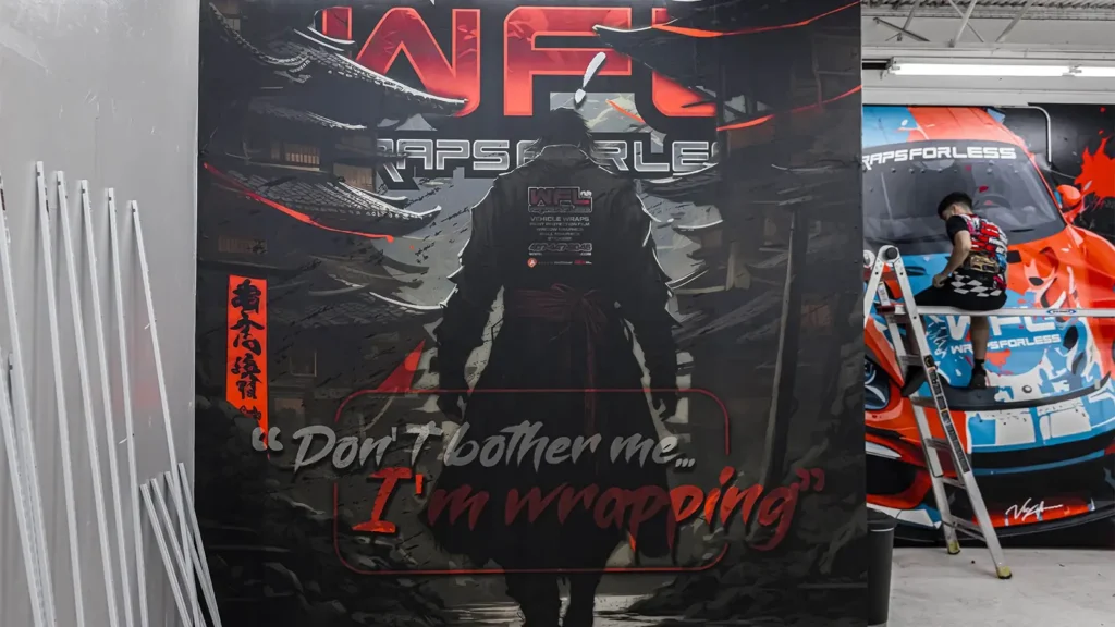 Custom samurai wall mural inside the Wraps For Less shop