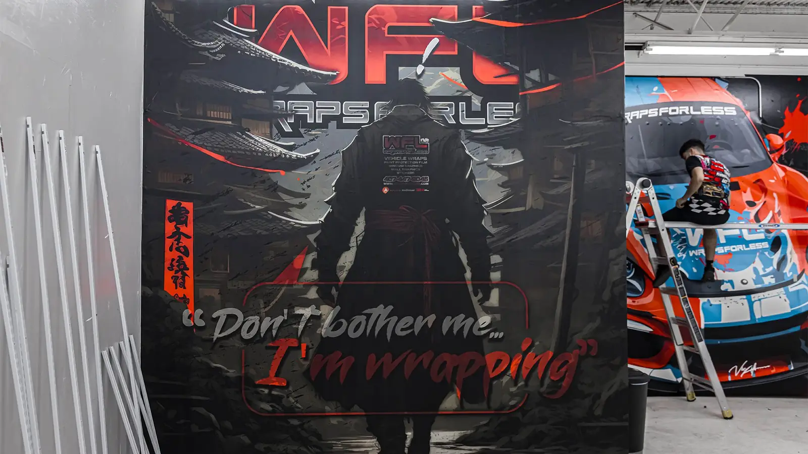 Custom samurai wall mural inside the Wraps For Less shop
