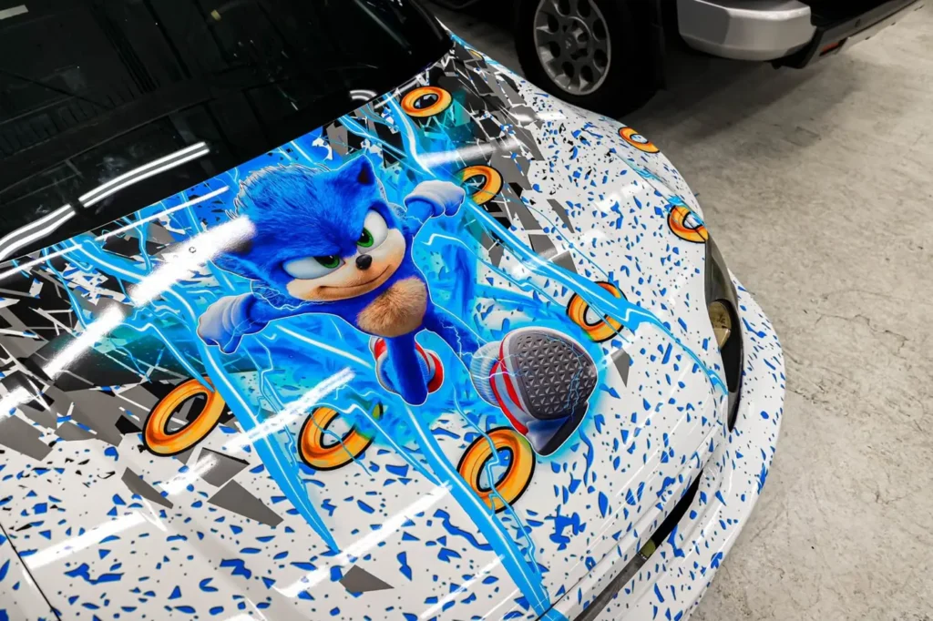 Car hood wrap with a custom Sonic the Hedgehog design