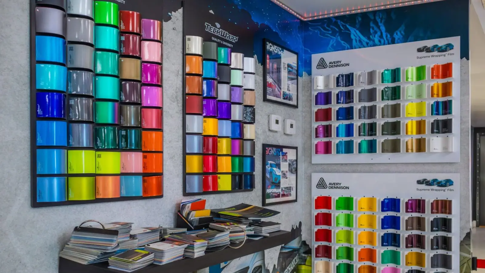 Wall of vinyl wrap color and finish samples